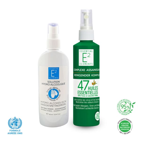 E2 Duo Desinfectant - Spray Hydro Alcoolique et Spray Assainissant | E2 Essential Elements